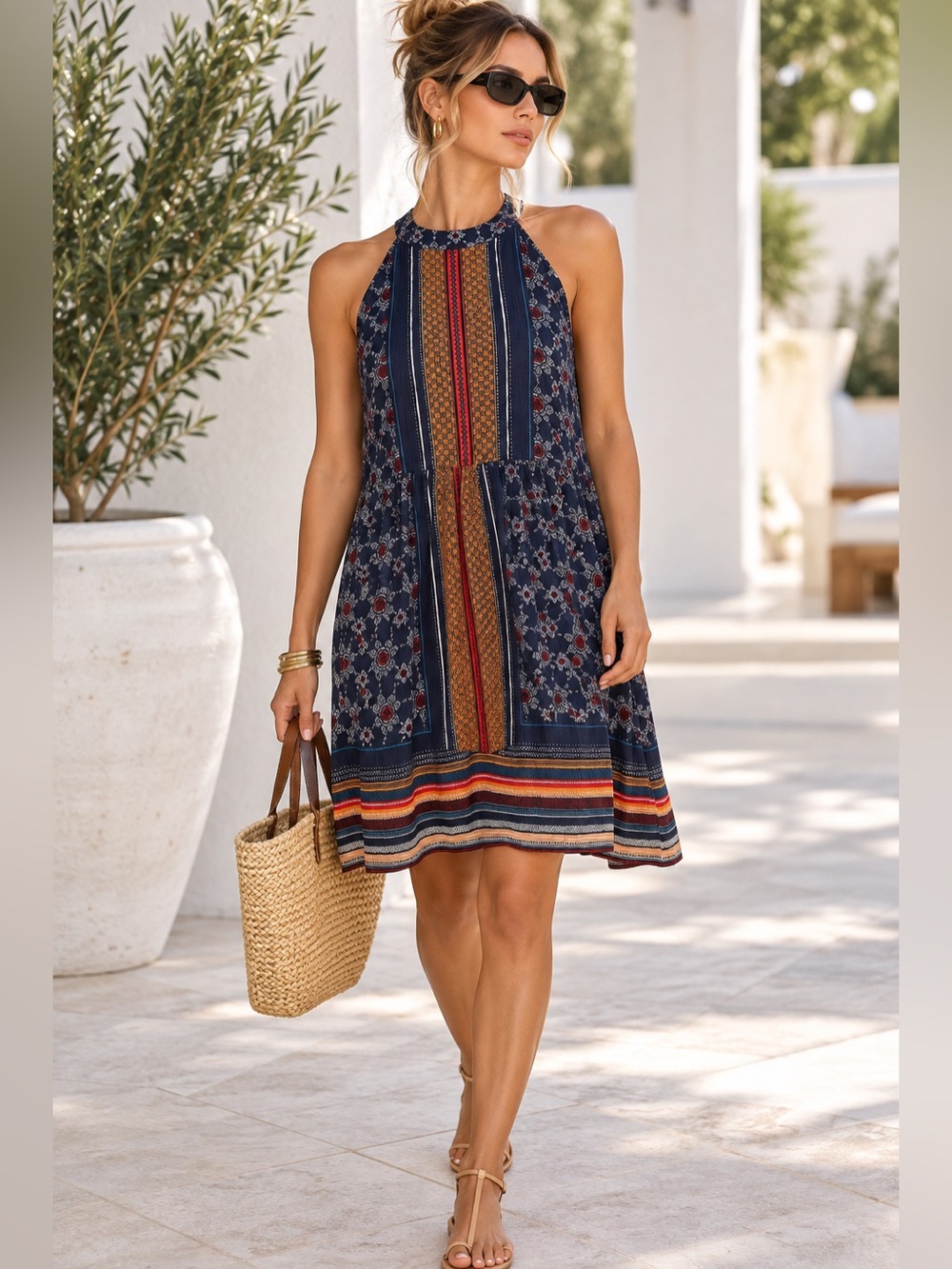 Coco + Jameson Boho Floral Mixed Print Halter Swing Dress